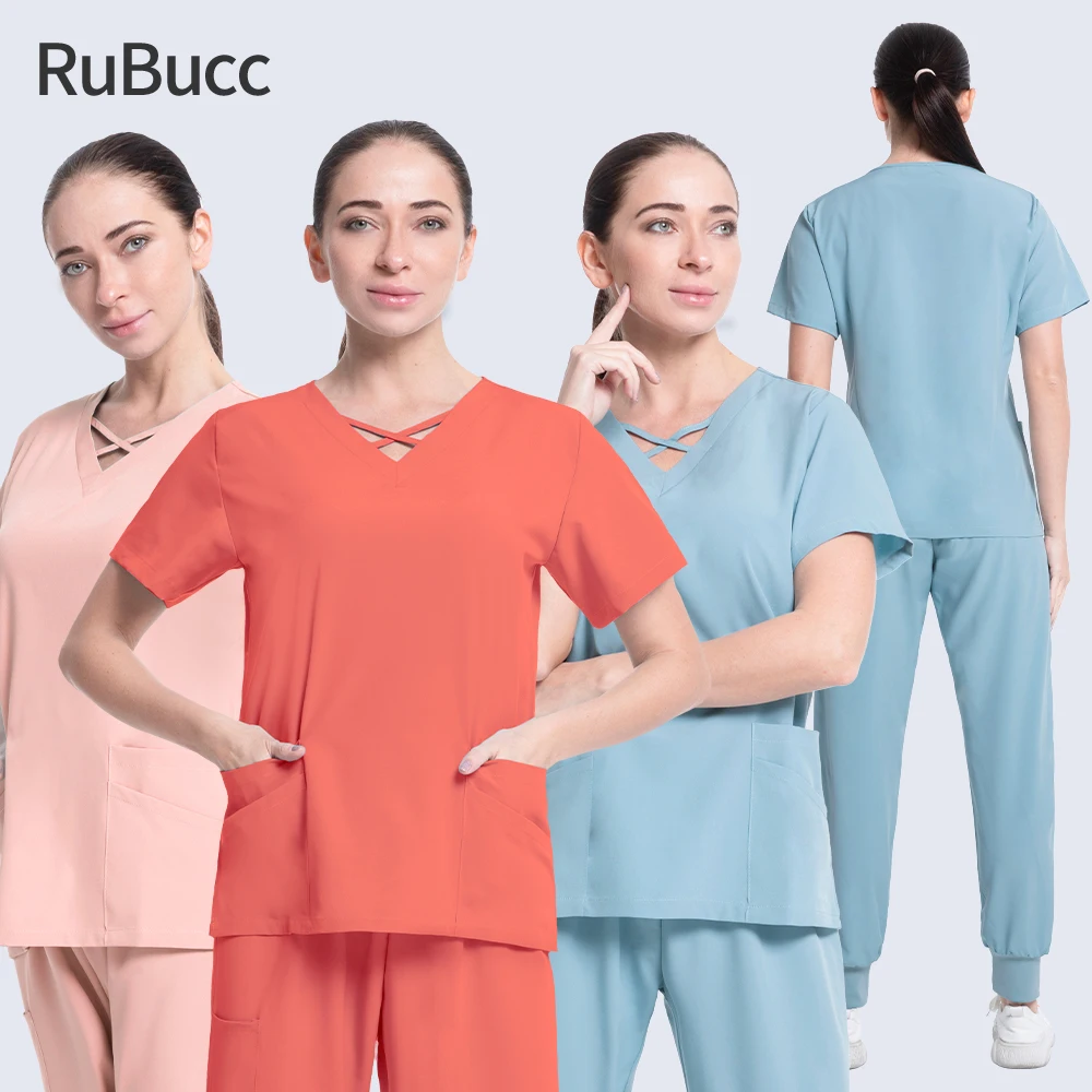 

High Quality V-neck Scrub Tops+jogging Pants Medical Accessories Beauty Salon Nursing Elastic Waist Pants Unisex Surgery Uniform