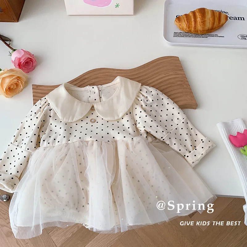 

2023 Spring Autumn Baby Girls Jumpsuit Cotton Patchwork Lace Dot Peter Pan Collar Romper Button Long Sleeve Infant Girls Outfit