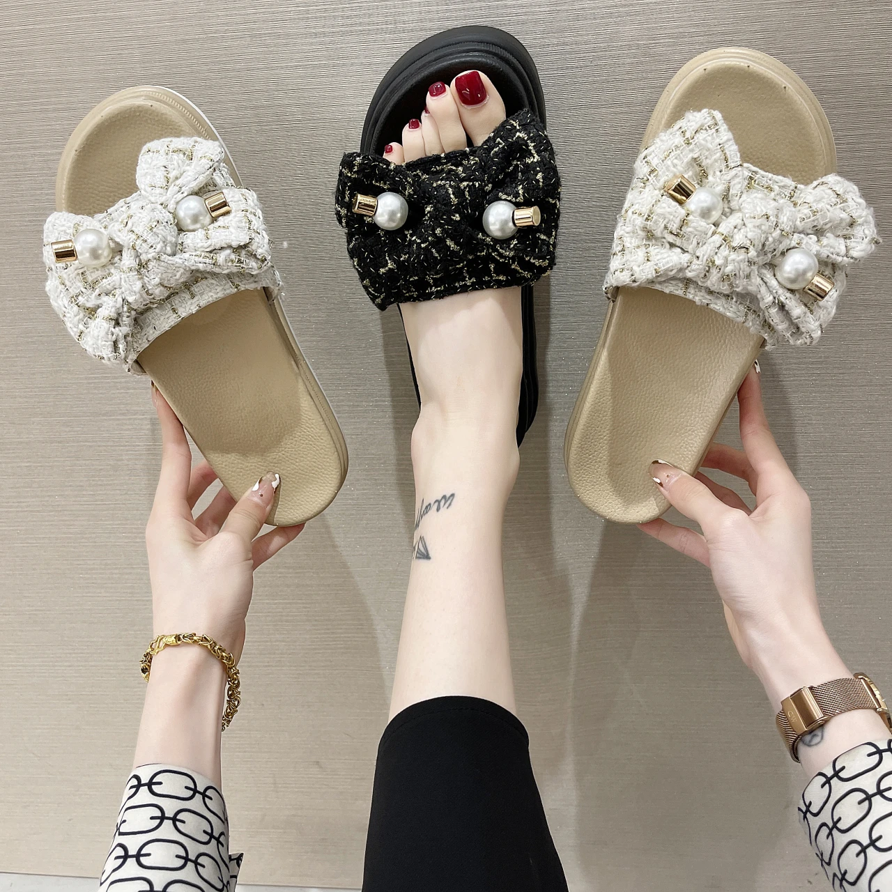 

Shoes Women Butterfly-Knot Female Slippers Slides On A Wedge Platform Fashion Med Soft 2022 Summer Luxury Fabric Rubber Butterf