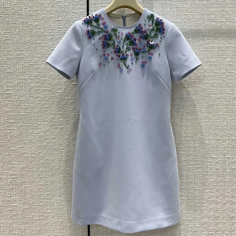 

Dresses For Women 2022 Fashion O-Neck Short Sleeve Beaded Sequin Mini Dress High Quality Temperament Elegant Sweet A-line Dress