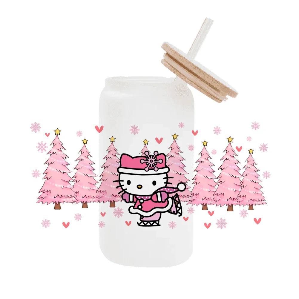 Модный мультфильм Hello Kitty Christmas For Libbey 16oz Can Glass 3D Водонепроницаемый УФ DTF Кофе Wrap