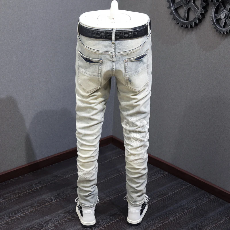 High Street Fashion Men Jeans Retro Yellow Blue Elastic Hole Skinny Ripped Jeans Men Printed Designer Hip Hop Brand Pants Hombre