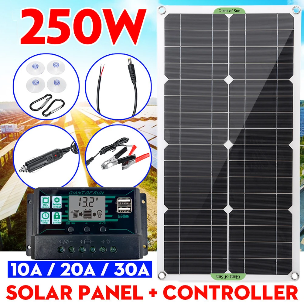 Купи 250W Solar Panel Kit with 30A Controller 5V Battery Charger Dual USB Port Solar Board IP65 Waterproof for Phone Outdoor Travel за 623 рублей в магазине AliExpress