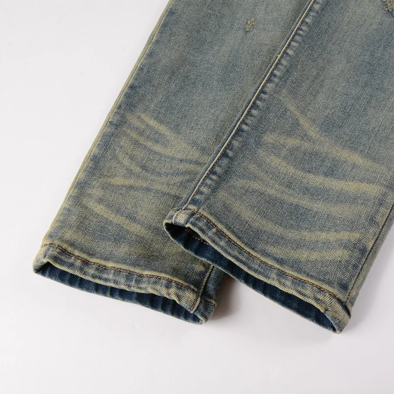 Men's Light Blue Slim Fit Steetwear Style Red Bandana Patchwork Skinny Stretch High Street Distressed Ripped Jeans