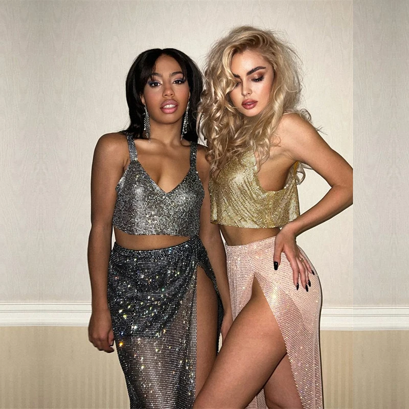 

Luxury Diamond Evening Party Women's Set Streetwear Y2K Crop Tank Tops Rhinestone High Split Maxi Skirt Festival Rave Outfits