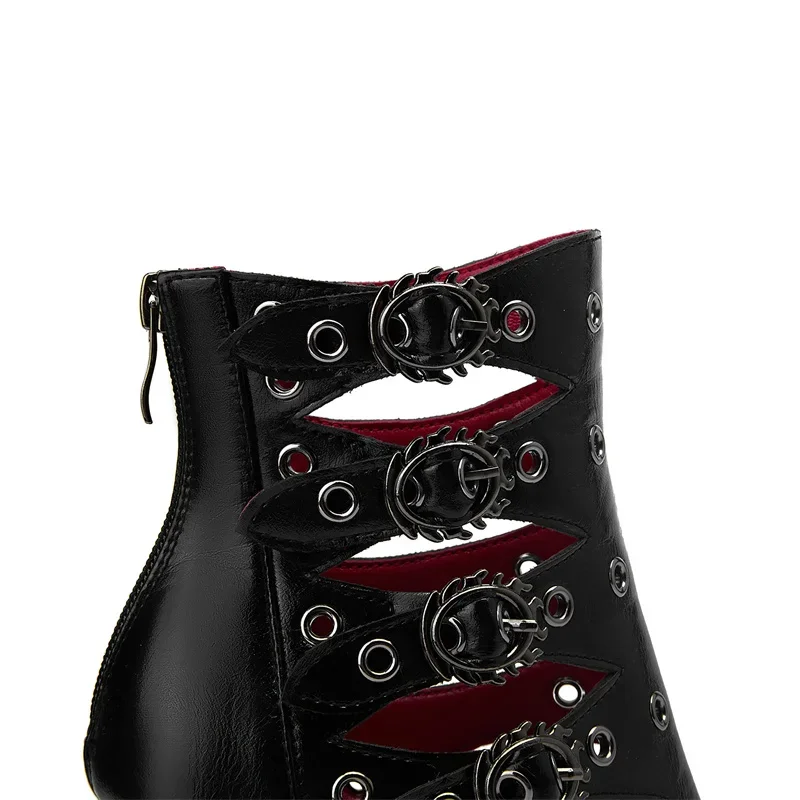 Летние короткие сапоги с открытым носком и заклепками 2024 металлическая пряжка 12