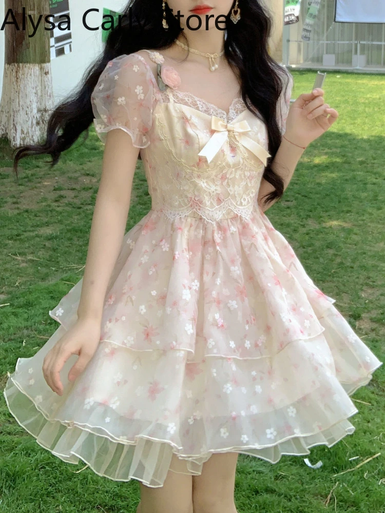 

Женское винтажное мини-платье с бантом, повседневное милое платье с цветочным принтом, модель 2022 в Корейском стиле на лето