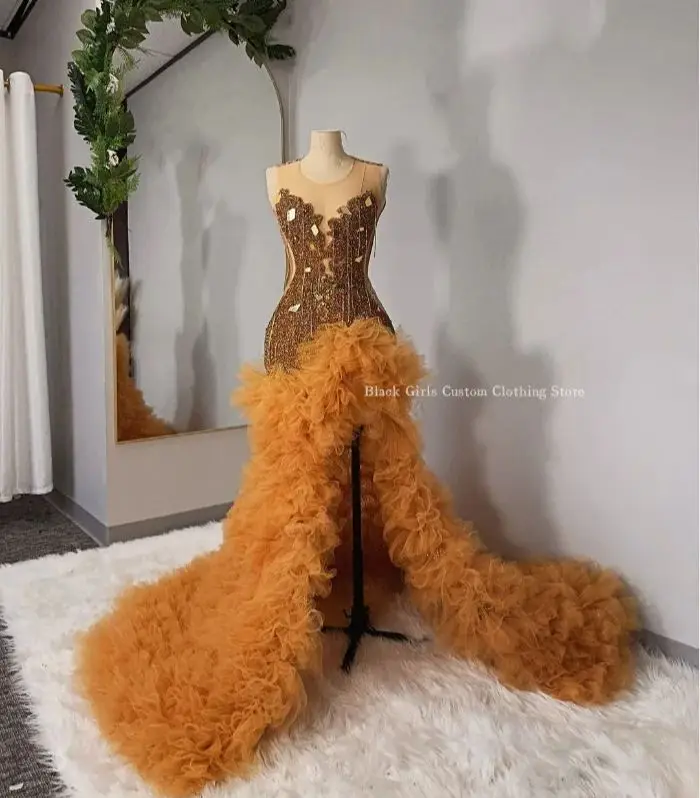 Великолепные рыжие вечерние платья русалки элегантные кристальные аппликации