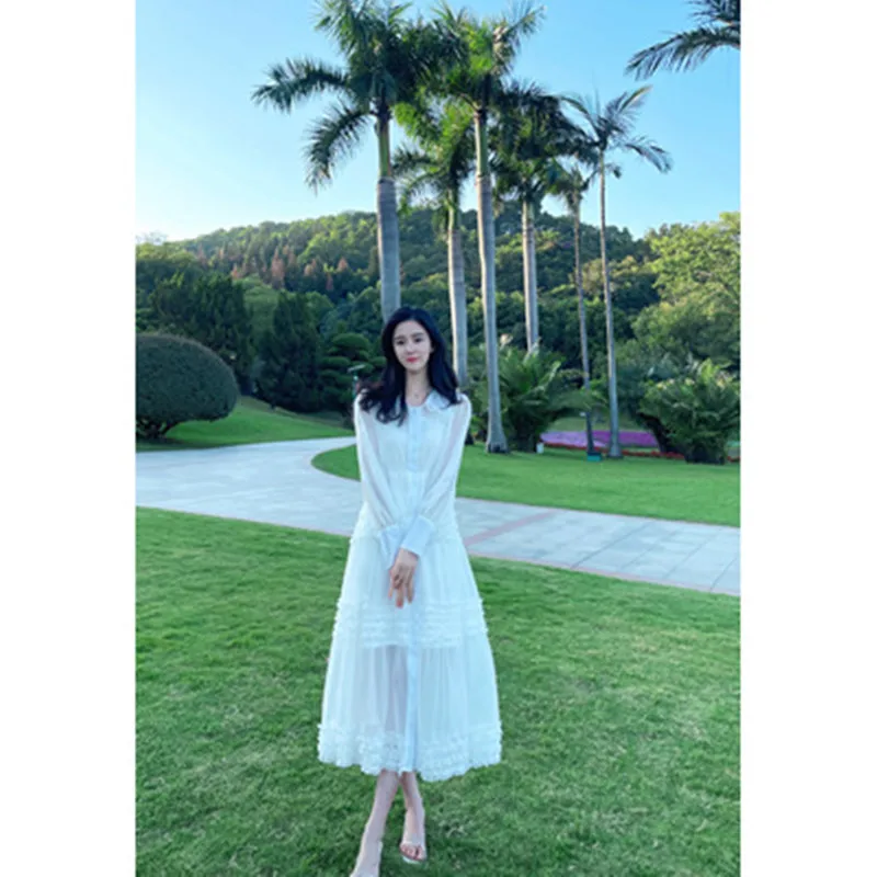 

High Qulity Luxury Design Runway Dresses Women Long Sleeve Single Breasted Evening Party Midi Dress Spring 2023