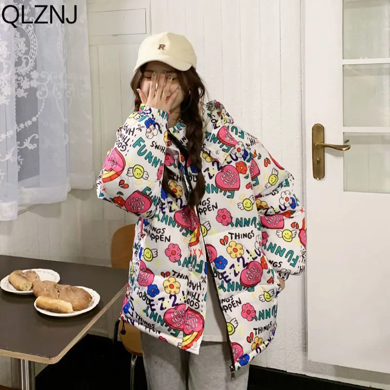 Winter Jacket Woman Cute Print Cotton Padded Quilted Jacket Ladies Warm Hooded Parkas Harajuku Casual Long Sleeve Bubble Coats