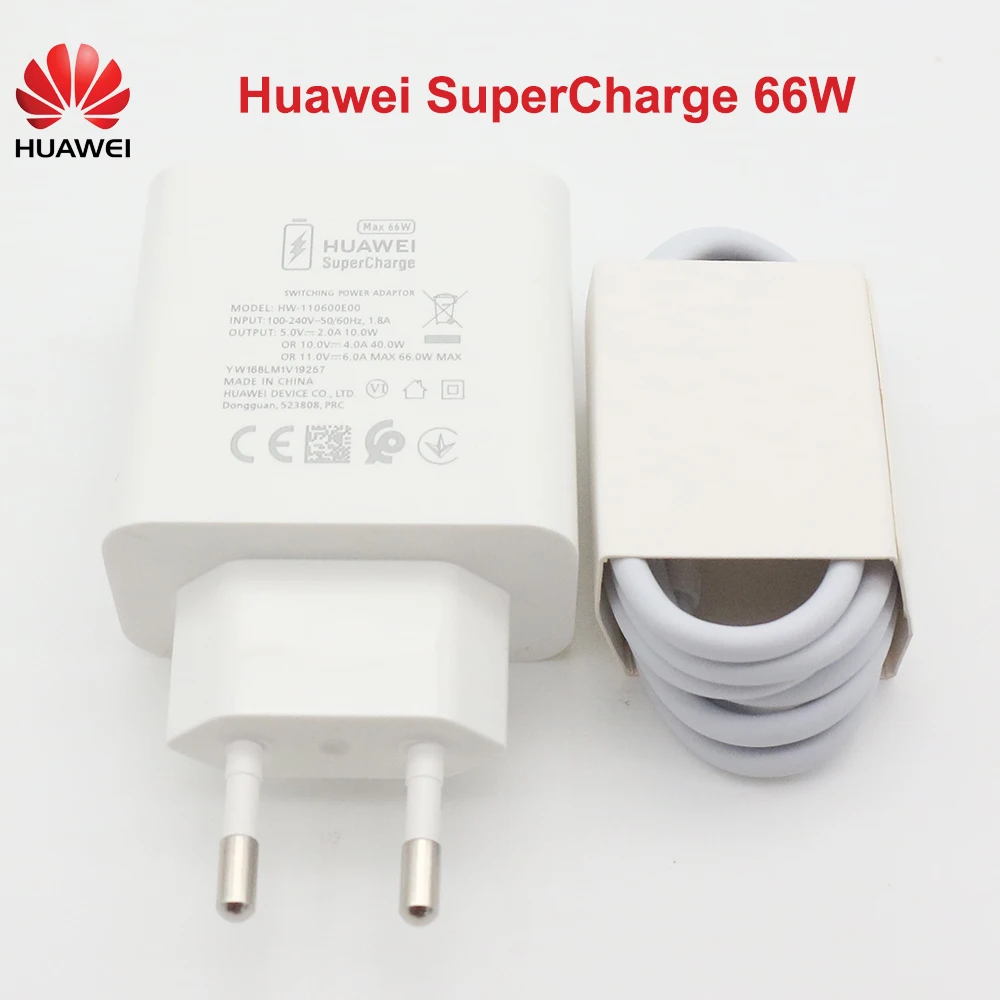 

Original Huawei EU Power Plug 66W SuperCharge Fast Charger 6A Type C Cable For Huawei Mate 40 Pro Mate30 40 P40 Pro Nova8 Se P30