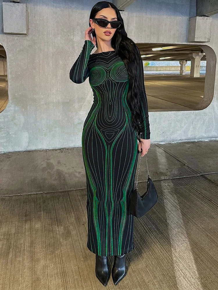 

Sunny Autumn Sexy Y2K Clothes Tie Dye Print Long Sleeve Backless O-Neck Bodycon Elegant Maxi Dresses For Women Birthday Party