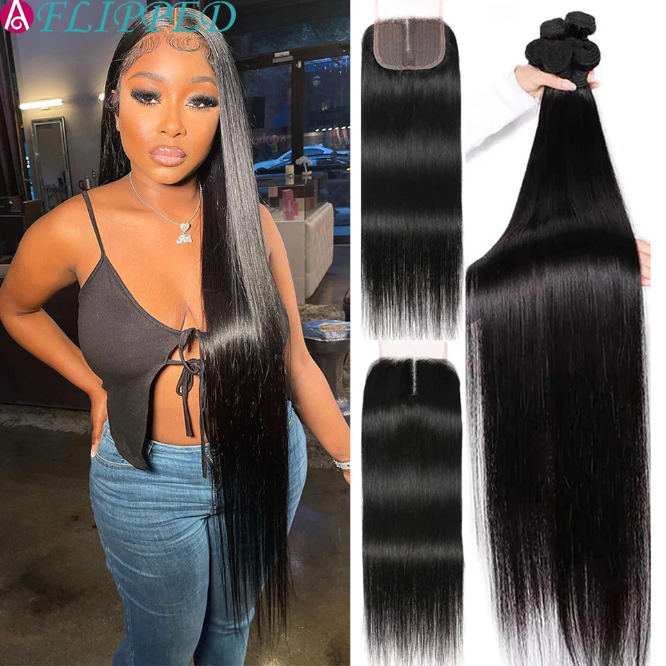 Brazilian Bone Straight Bundles With Closure Human Hair Bundles Weave 3Bundles With Closure Remy Tissage Hair Bundles Extension