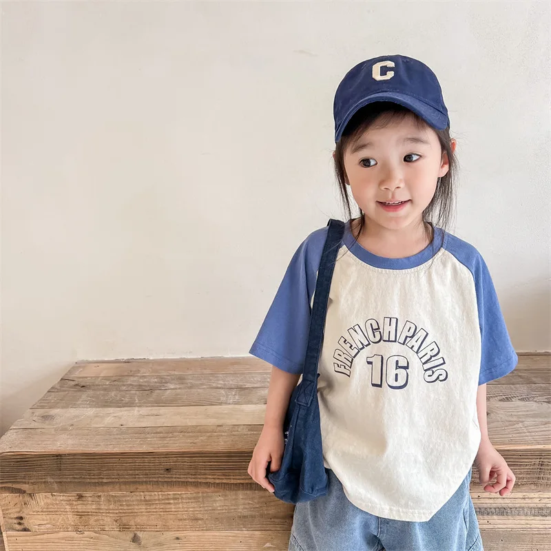 

2022 summer children fashion color contrast short sleeve Tees Girls Boys letters printed cotton T shirts