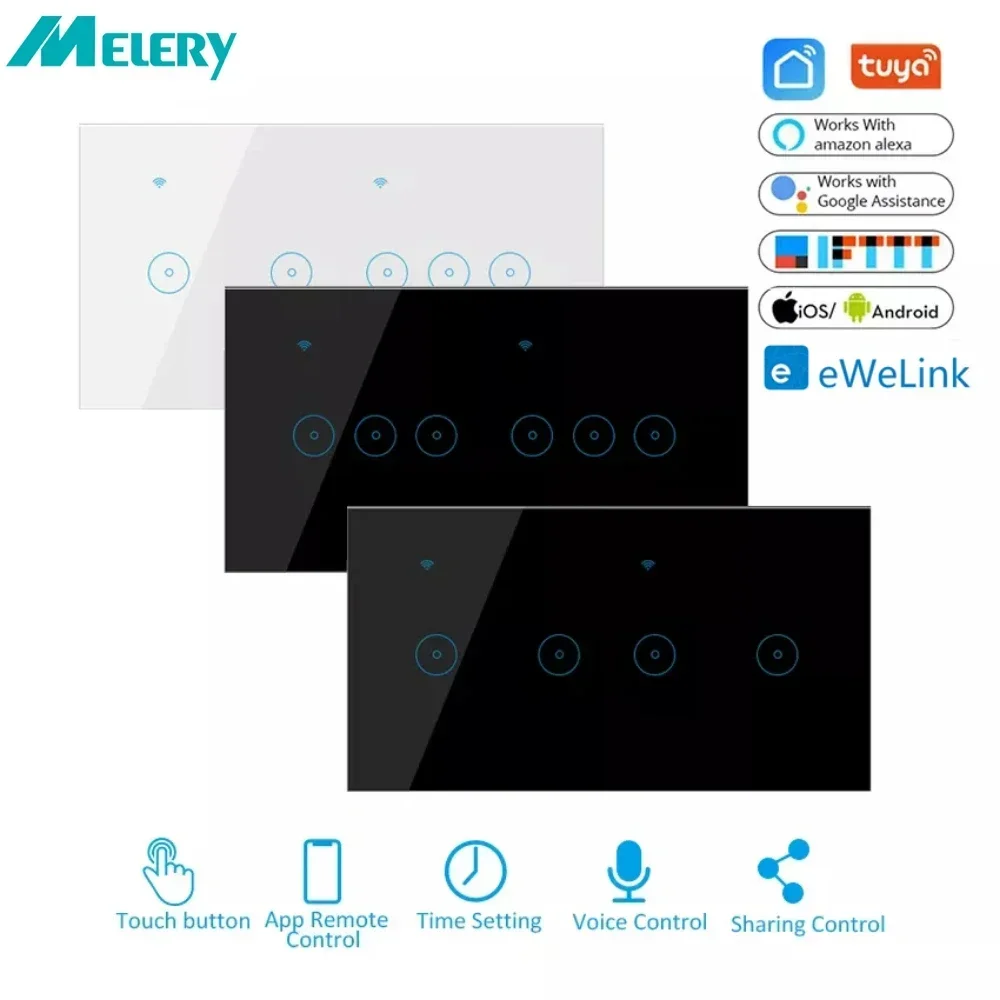 

Melery Wifi Tuya Smart Wall Light Switch Touch Glass Panel Wireless Interuptor 4/5/6 Gang Remote Control by Alexa Google Home