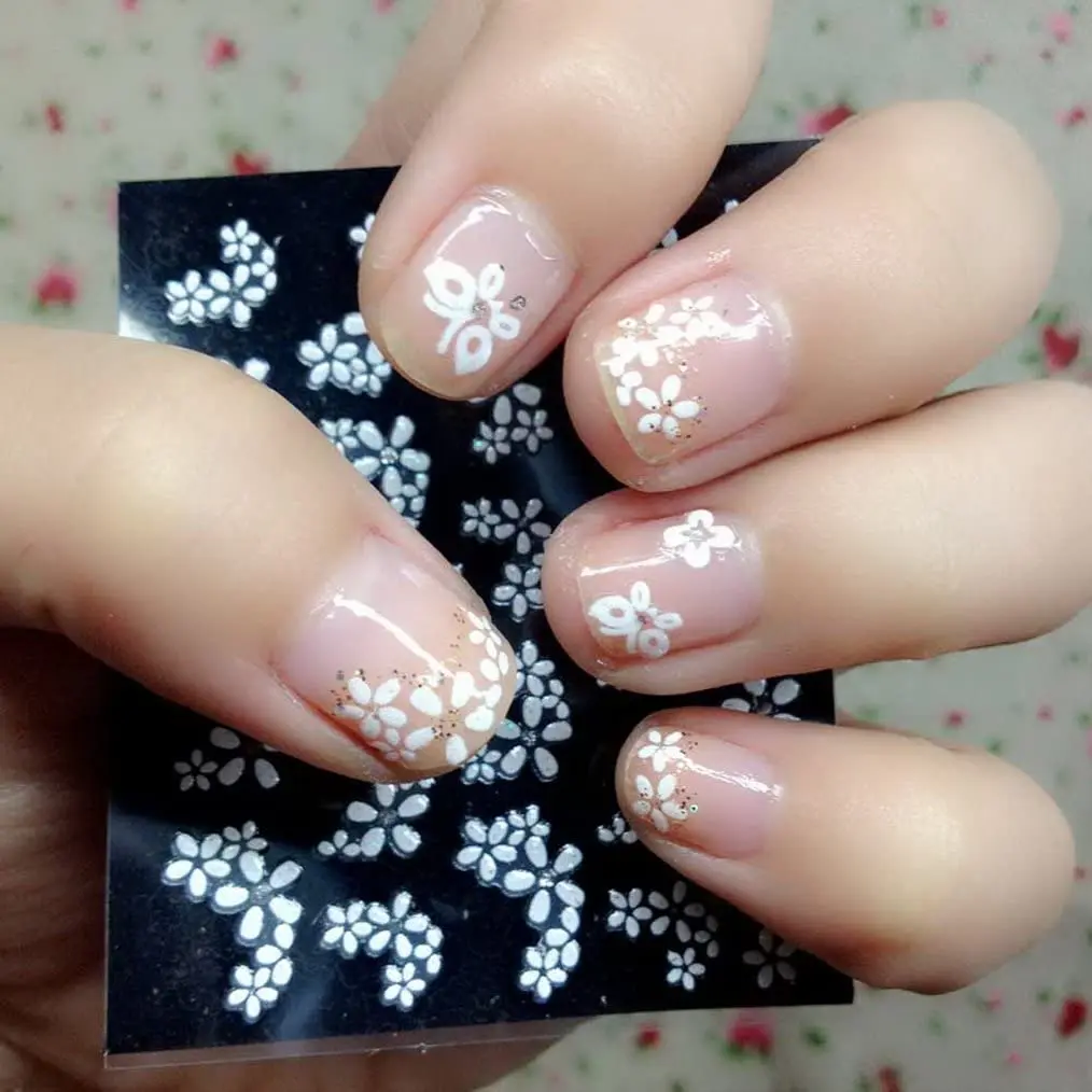 

30Sheets Self-Adhesive White Flower Sticker 30/lot Slider Accessories sticker Waterproof Flower Blue Nail Sticker Nail Art Decal