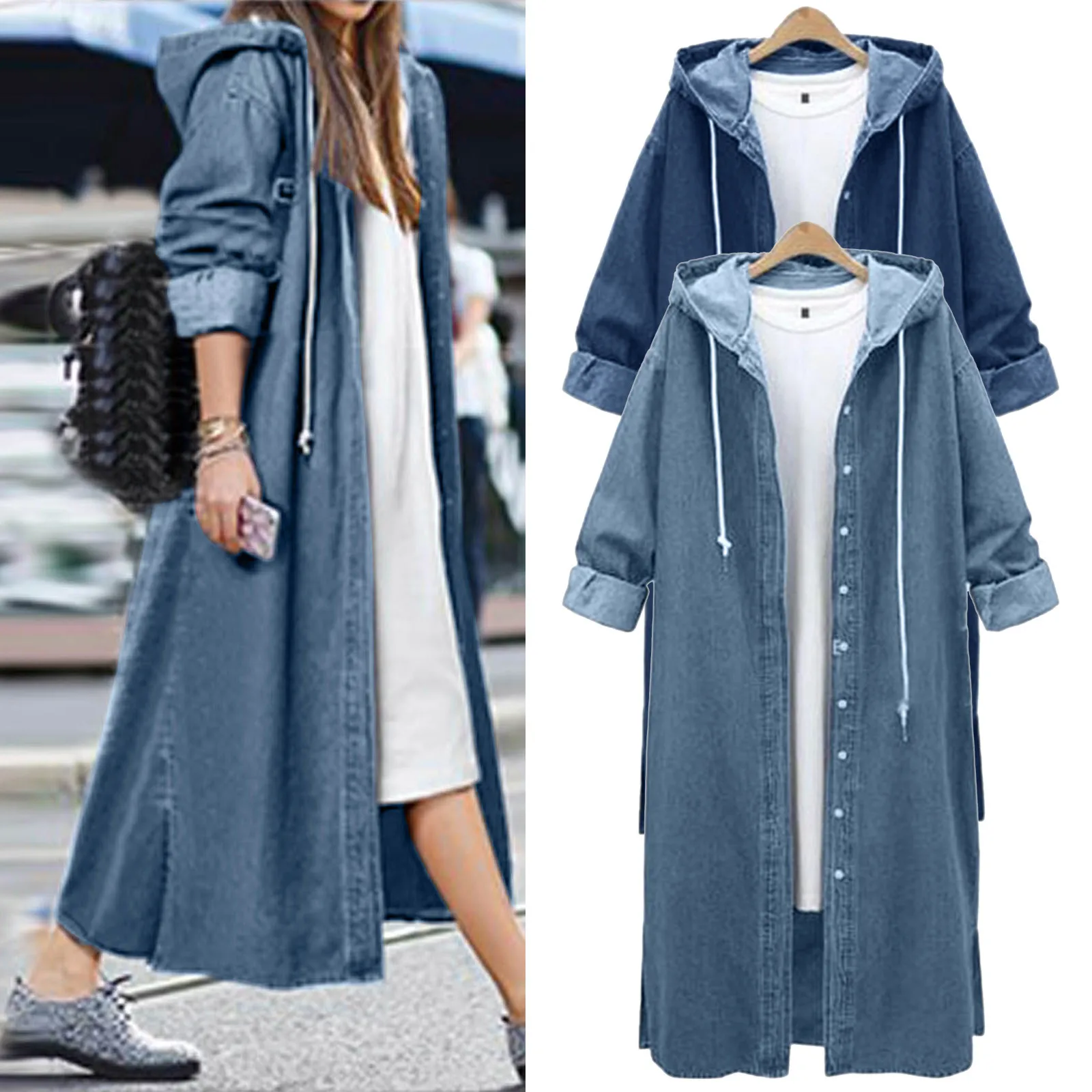 

2023 Spring New Hooded Outwear Denim Coat Women Long Overcoat Jacket Jean Sleeve Female Blouse Jackets