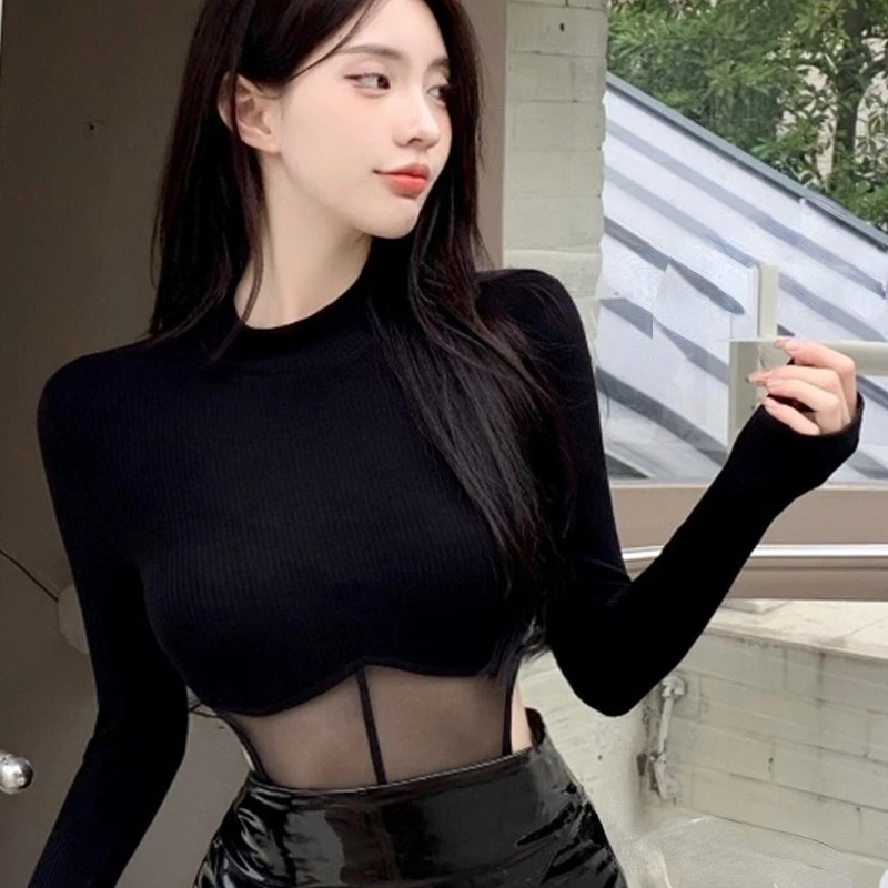 

Black T-shirt female design sense mesh gauze splicing onesie spring pure desire wind Spice Girl tight show slim long sleeve top