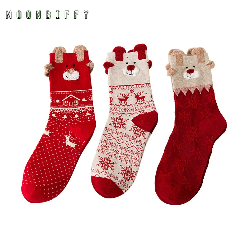 

2021 Autumn and Winter New Ladies Socks Warm Three-dimensional Socks Soft Cotton Christmas Socks Cartoon Elk Cute Female Socks