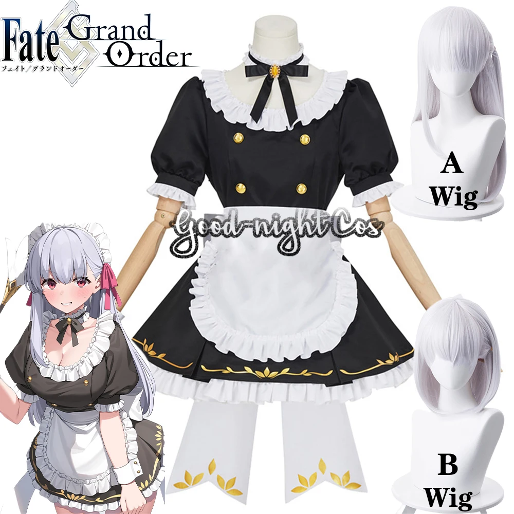 

Game FGO Fate Grand Order Kama Cosplay Costume Wig/2 style Lovely Lolita Maid Dress Sexy Black White Apron Uniform Halloween