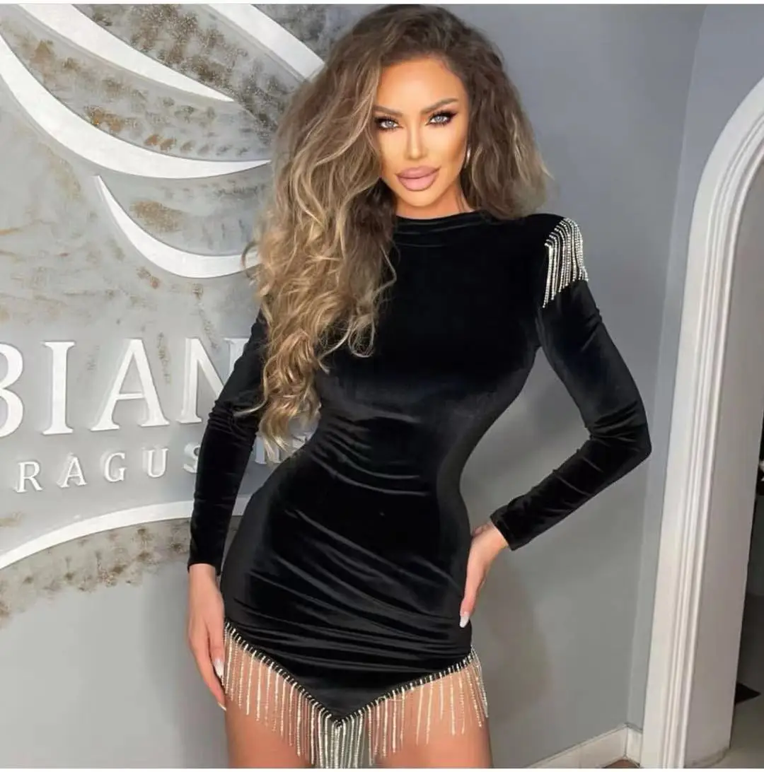 

Women Sexy Designer Tassel Crystal Velvet Black Elegant Bodycon Dress 2021 High Street Celebrity Bodycon Party Dress Vestido