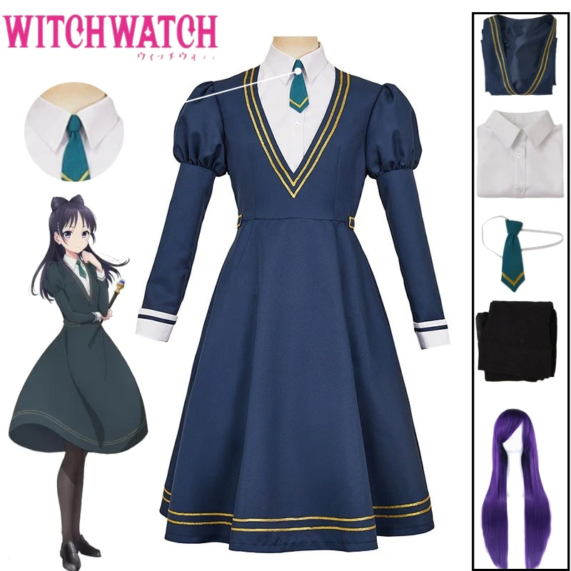 Фото Костюм для косплея WITCH WATCH: Элегантное синее платье Мияо Нему в стиле JK, школьная форма, галстук-бабочка, парик — комплект для Хэллоуина, Комик-Кона, вечеринок №1