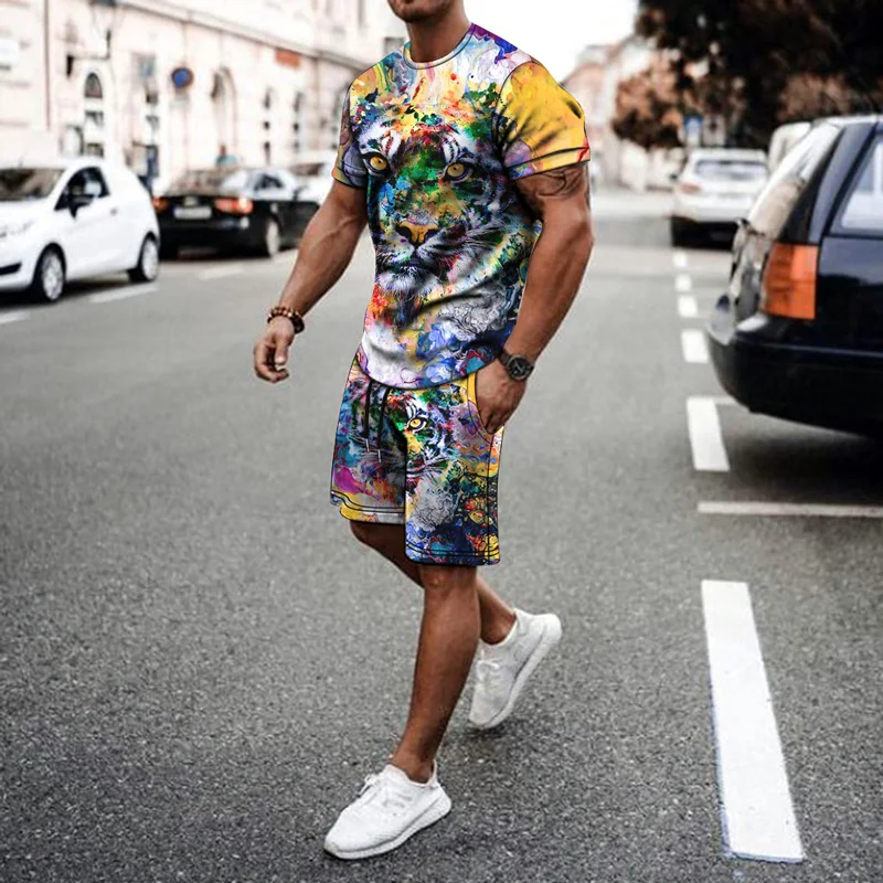 2023 Summer 2 Piece Tracksuit Men's Oversized Clothing Street Clothing Vintage Cute Animal 3D Printed Men's Suit T-shirt Shorts