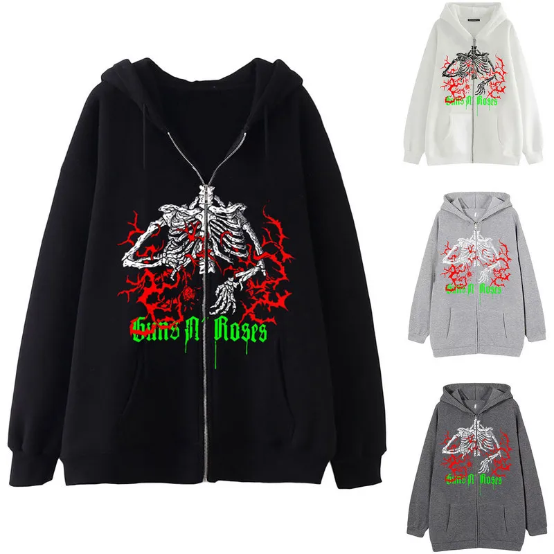 

Women Men Hoodies Streetwear Jacket, Long Sleeve Gothic Style Skull Bone Lettering Pattern Print Zip-Up Hooded Sweatshirt Coat