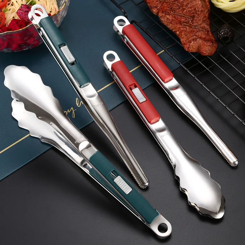 

10/12 Inches Stainless Steel Barbecue Food Tongs Slide Button Bread Buffet Clamp Non-Stick Steak Clip Kitchen Accessories