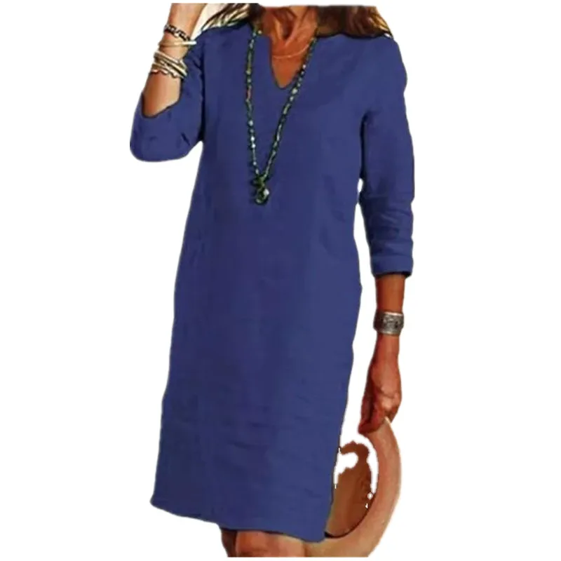 Женское платье с V-образным вырезом длинным рукавом и карманами