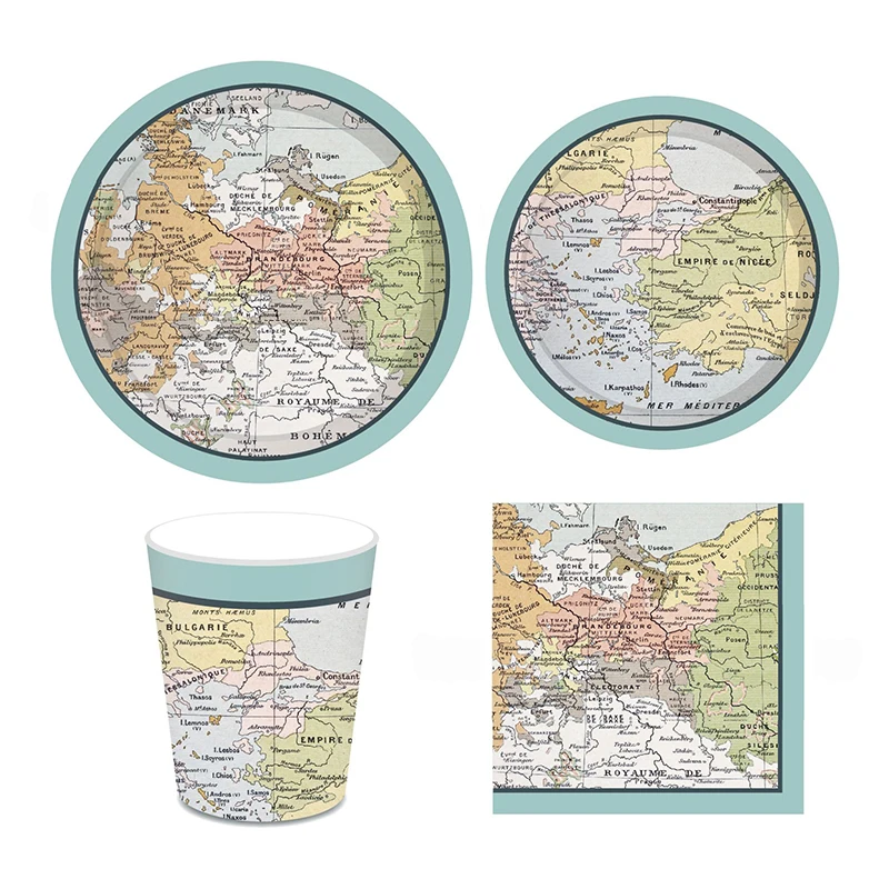 

44pcs/set Map Retirement Travel Theme Disposable Tableware Paper Plates Cup Napkins Earth Day Decoration Birthday Party Supplies