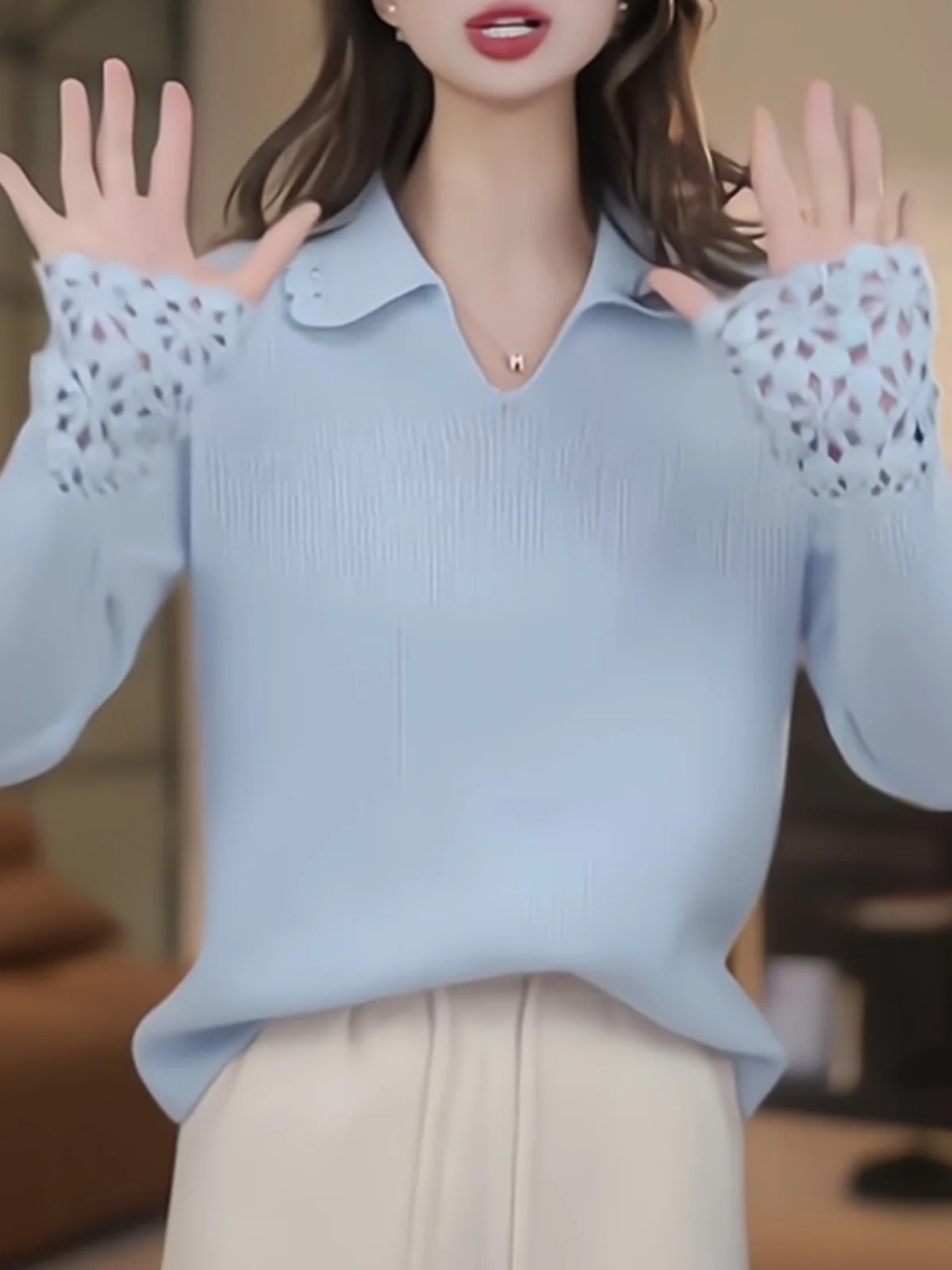 Плюс размер Design Sense Синий ажурный лоскутный вязаный крючком пуловер Вязаный