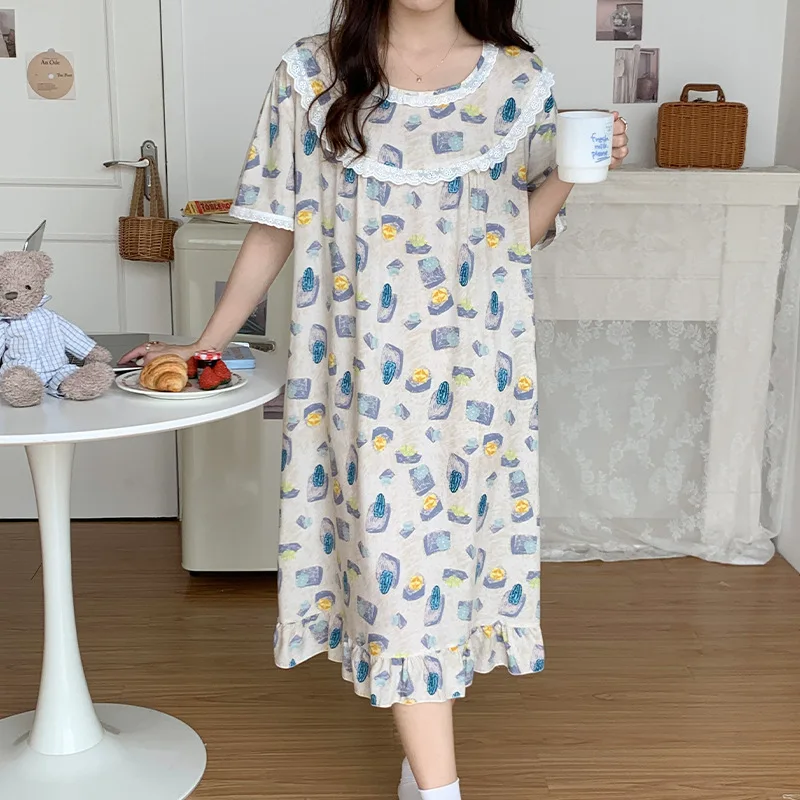 Short Sleeve Nightgown Women Sleepwear Round Neck Homewear Sleep Dress Home Clothing Cotton Loungewear Printing Pajamas