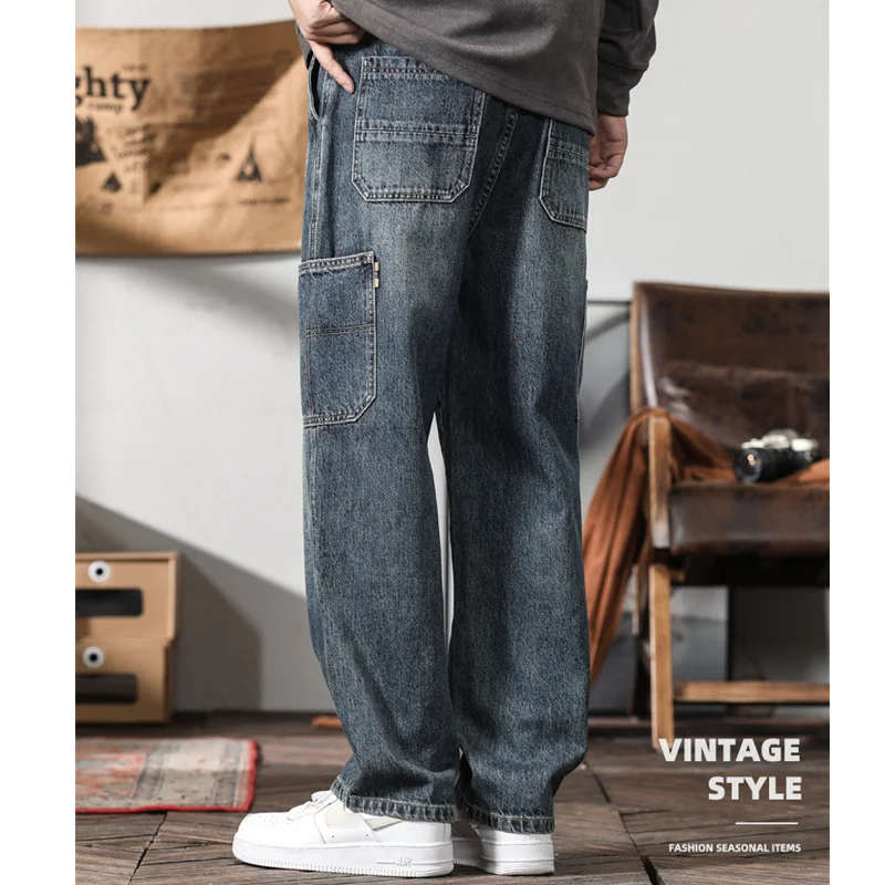 Men Clothing Vintage Loose Bluish Grey Jeans Straight Cylinder Cargo Pants Trousers Female 2022 Autumn and Winter New Pattern