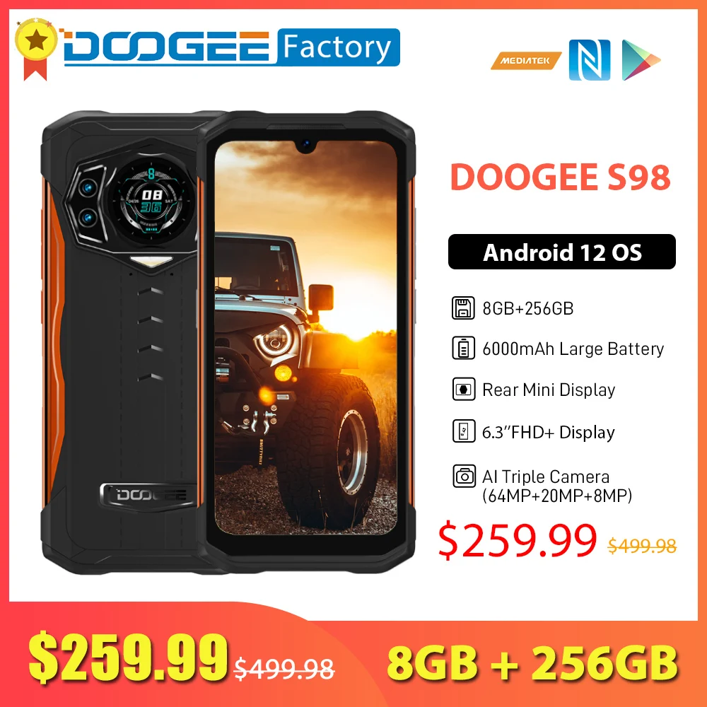 Смартфон DOOGEE S98 8 ГБ 256 Helio G96 Android 12 6 3-дюймовый FHD + 64-мегапиксельная камера 6000 мАч