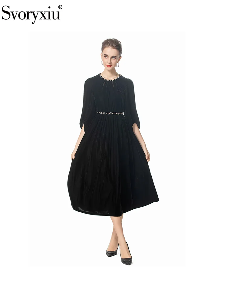 Svoryxiu модное подиумное осеннее черное бархатное элегантное платье миди женское