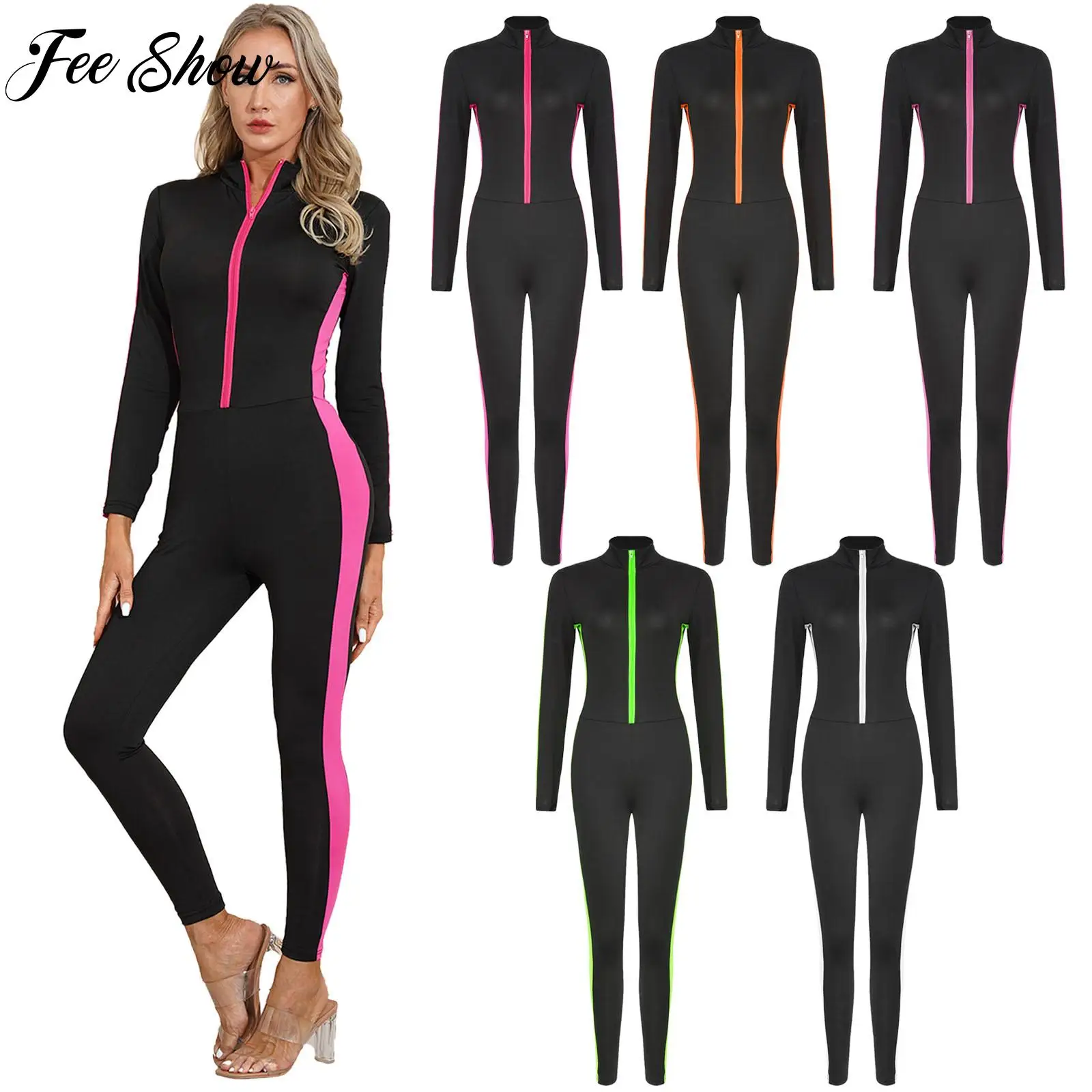 

Женский спортивный комбинезон с длинным рукавом, цельный комбинезон на молнии с высоким воротником в стиле пэчворк для спортзала, йоги, тан...