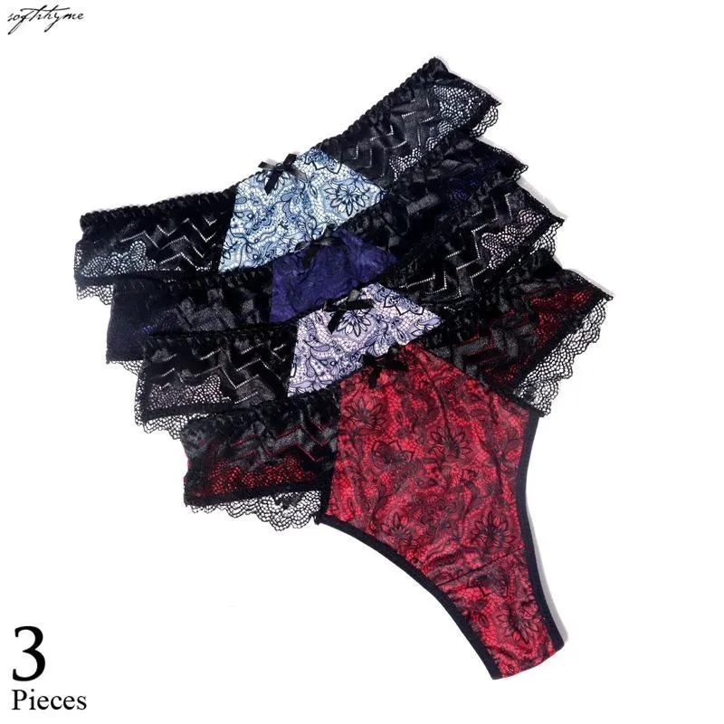 Softrhyme 3PCS/Lot Women Lace Sexy G-string Floral Print Lingerie Panties Thong Underwear Briefs Female G-String Intimates L-5XL