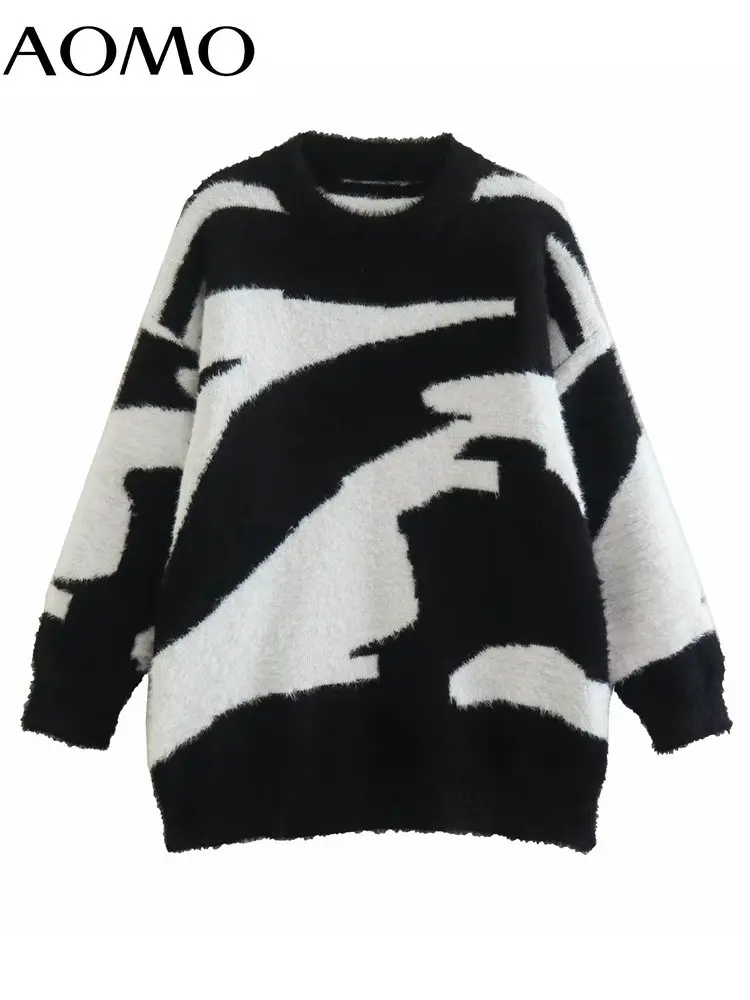 

AOMO 2022 Winter Chic Women Jaquard Oversized Sweater Long Sleeve Ladies Knitted Jumper 1F65A