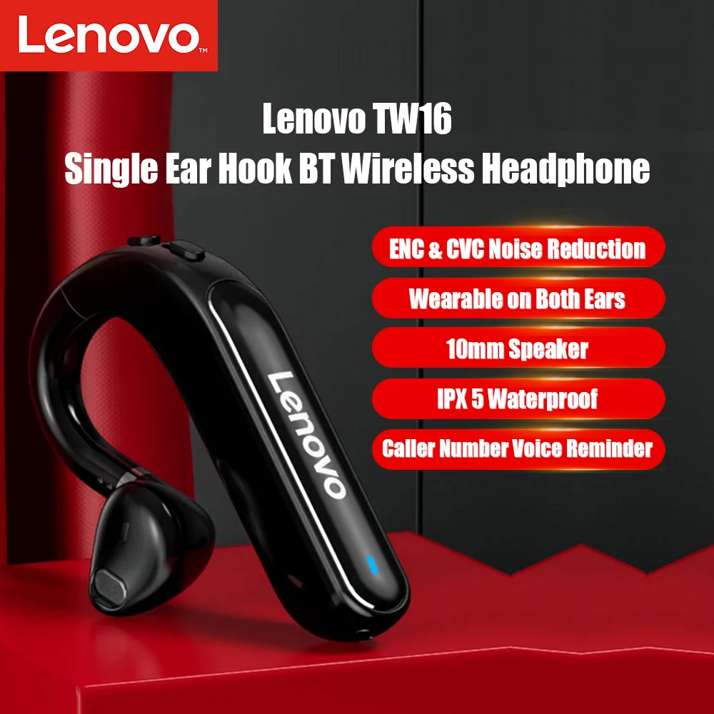 

Lenovo TW16 BT5.0 Business Headset Single Earhook Noise Cancelling Headphone for Business/Work/Driving/Office