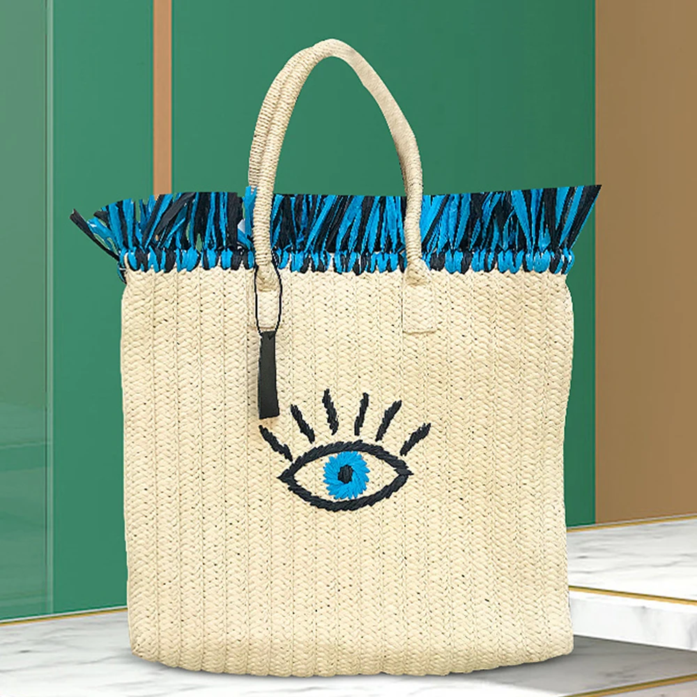 Luxury Eyes Embroidery Women Shoulder Bags Bohemian Tassel Straw Bags for Women Handbag Bali Travel Beach Bag 2022 Lafite Tote