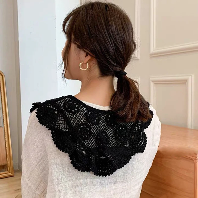 

Women False Fake Collar Hollow Out Embroidery Floral Pastoral Lace Half Shirt Shawl Lace Up Bowtie Necklace