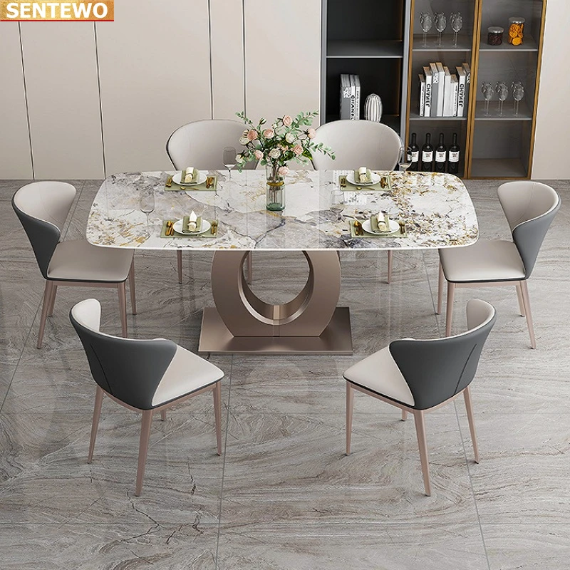 

Designer Luxury kitchen room Marble Rock Slab dining table set 4 6 chairs mesa de jantar comedor tablo Stainless steel gold base