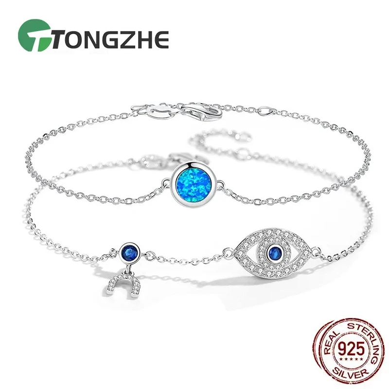 Фото TONGZHE стерлингового серебра 925 пробы, турецкие браслеты Lucky Blue Evil Eye с подвесками для женщин, винтажный браслет-подвеска, ювелирные изделия №1