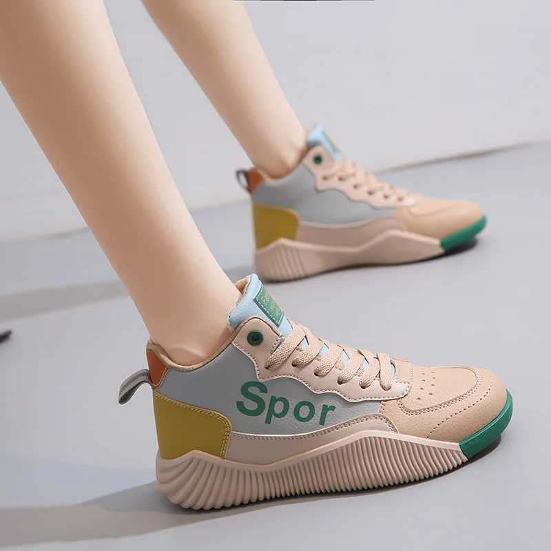 Women Sport Shoes Woman Fashion Sneakers High-top Matching Lace-up Flat Shoes Casual Loafers Vulcanized Shoes Spring Autumn New