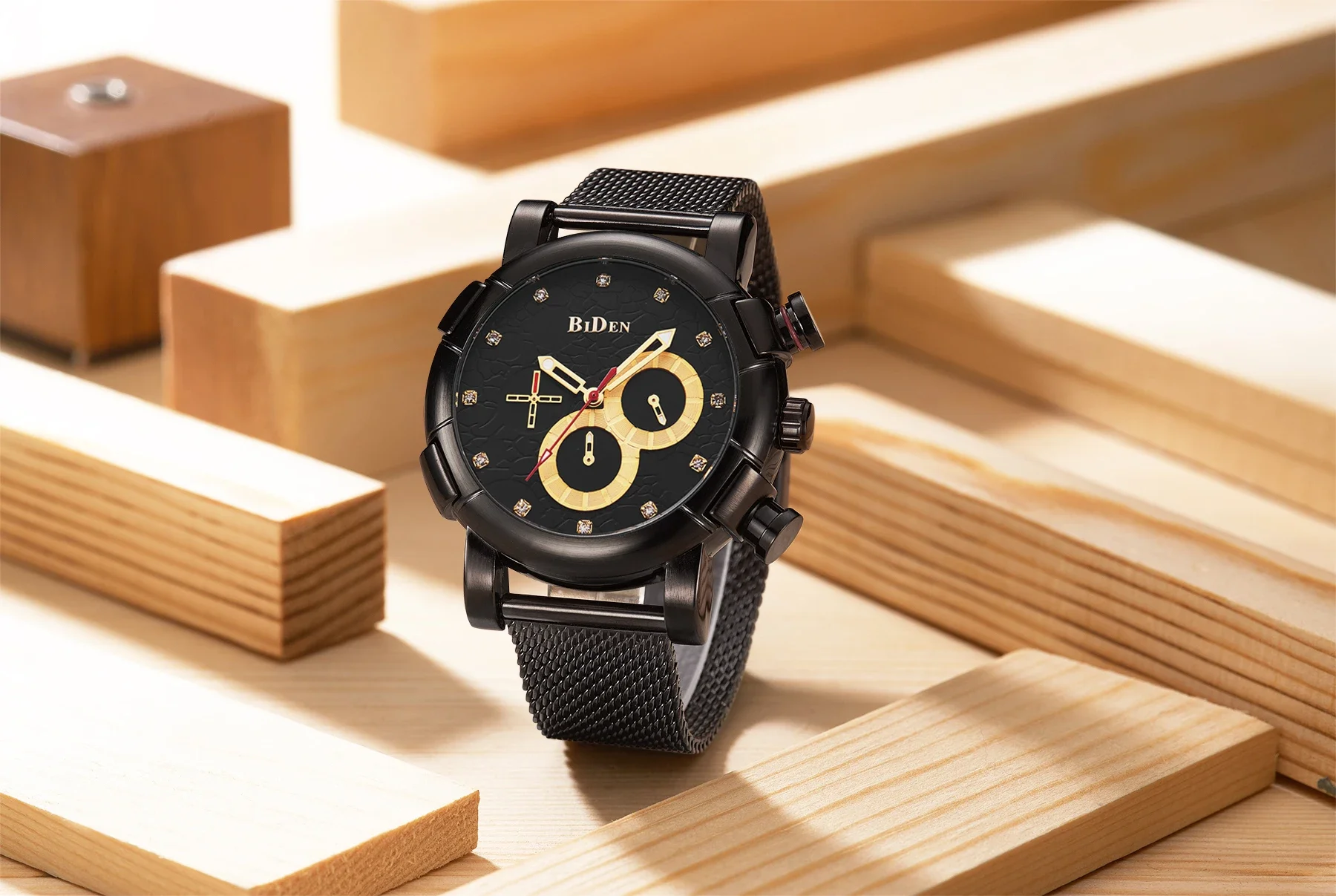 BIDEN Fashion Luxury Men's Watch Large Dial 30M Waterproof Six Pin Multi Functional Stainless Steel Mesh Belt Gift