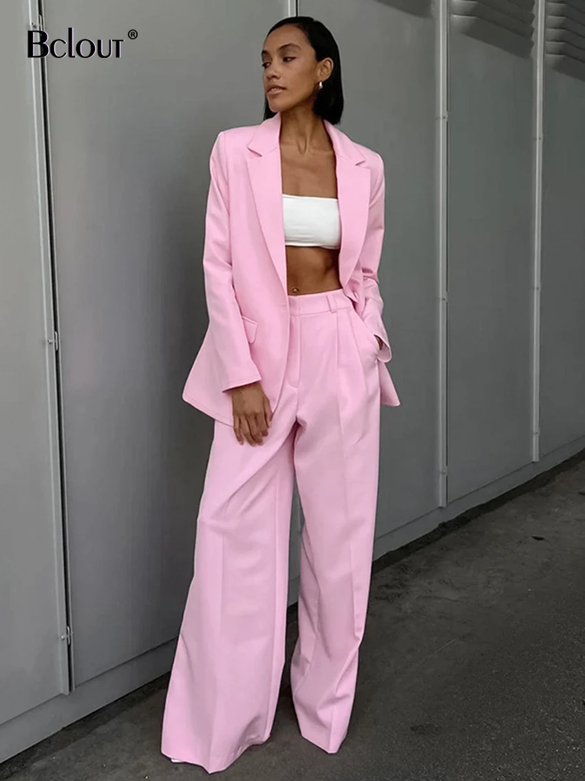 

Bclout Fashion Loose Pink Pants Sets 2 Pieces Women Elegant Long Sleeve Notched Collar Blazers Autumn Party Wide Leg Pants Suits