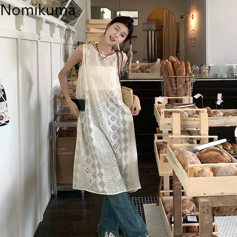 Женское кружевное платье без рукавов летнее тонкое свободное Прозрачное 2024