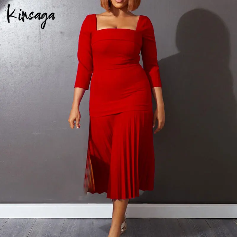

Europe Solid Bodycon Midi Pleated Dresses Women Elegant Square Collar Half Sleeve Red Backless Gown Dress Office Lady Blue Robes