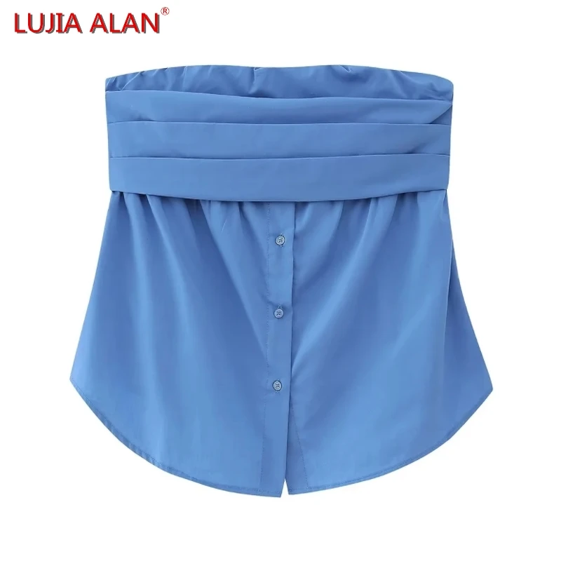 

Summer New Women Pleated Slim Strapless Shirt Female Vest Blouse Casual Side Zipper Tops 3 Colors LUJIA ALAN B2169